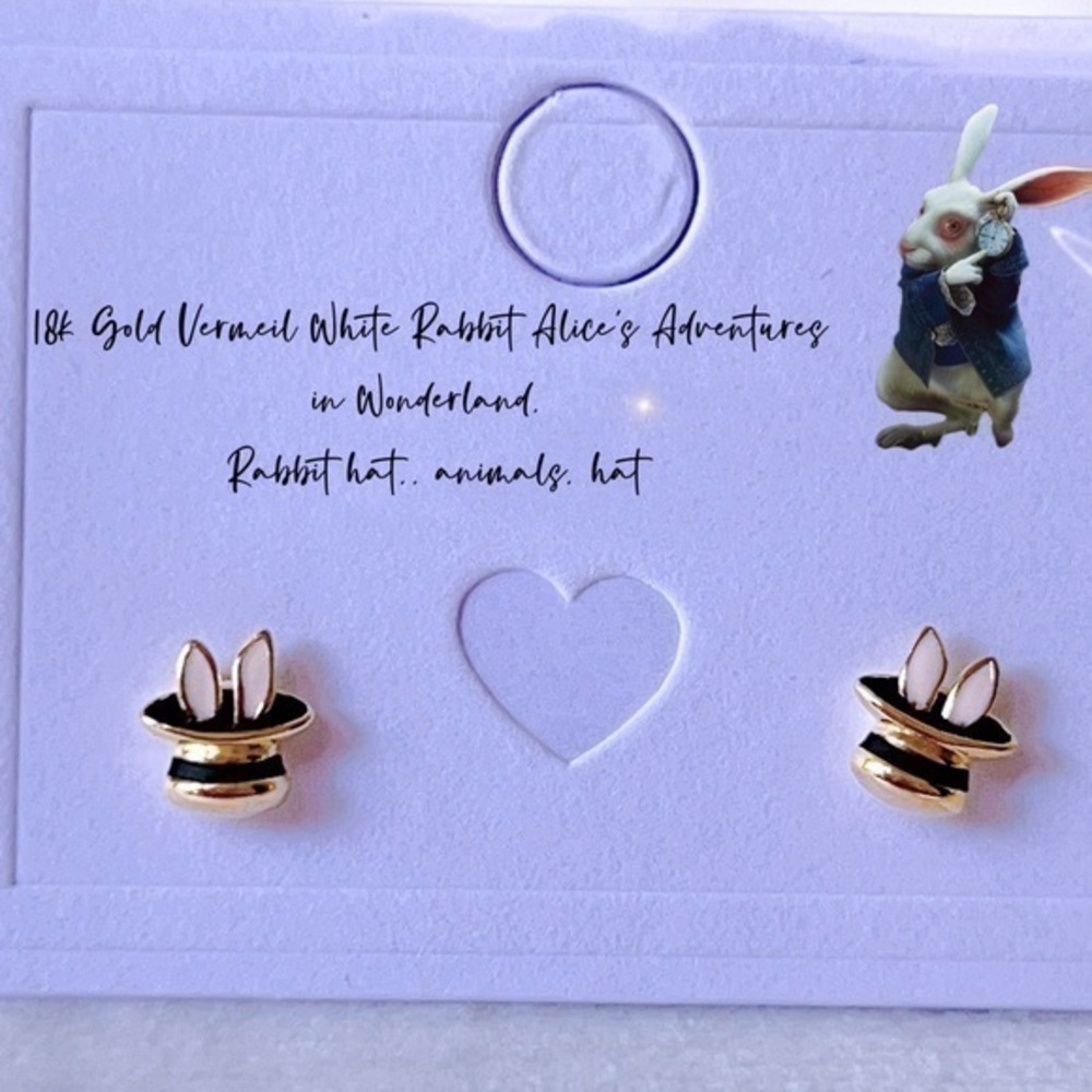 18K Gold vermeil white  Rabbit Alice's Adventures in Wonderland Stud Earrings,